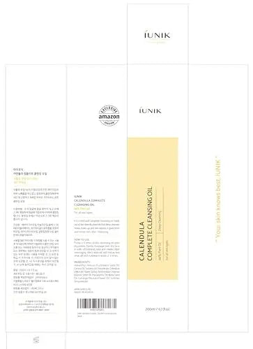 Packaging design of iUNIK Tea Tree Relief Toner 200ml + iUNIK Tea tree Relief Serum 50ml + iUNIK Calendula Complete Cleansing Oil, 200ml showing a clean white box with subtle yellow highlights and product information.