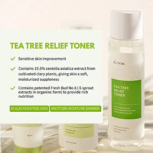 iUNIK Tea Tree Relief Toner 200ml + iUNIK Tea tree Relief Serum 50ml + iUNIK Calendula Complete Cleansing Oil, 200ml displayed with product benefits highlighting sensitive skin improvement and moisturizing ingredients.