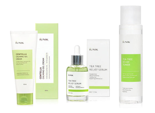 iUNIK Tea Tree Relief Toner 200ml + iUNIK Tea tree Relief Serum 50ml + iUNIK Centella Calming Gel Cream 60ml set featuring soothing skincare products with green and white packaging.