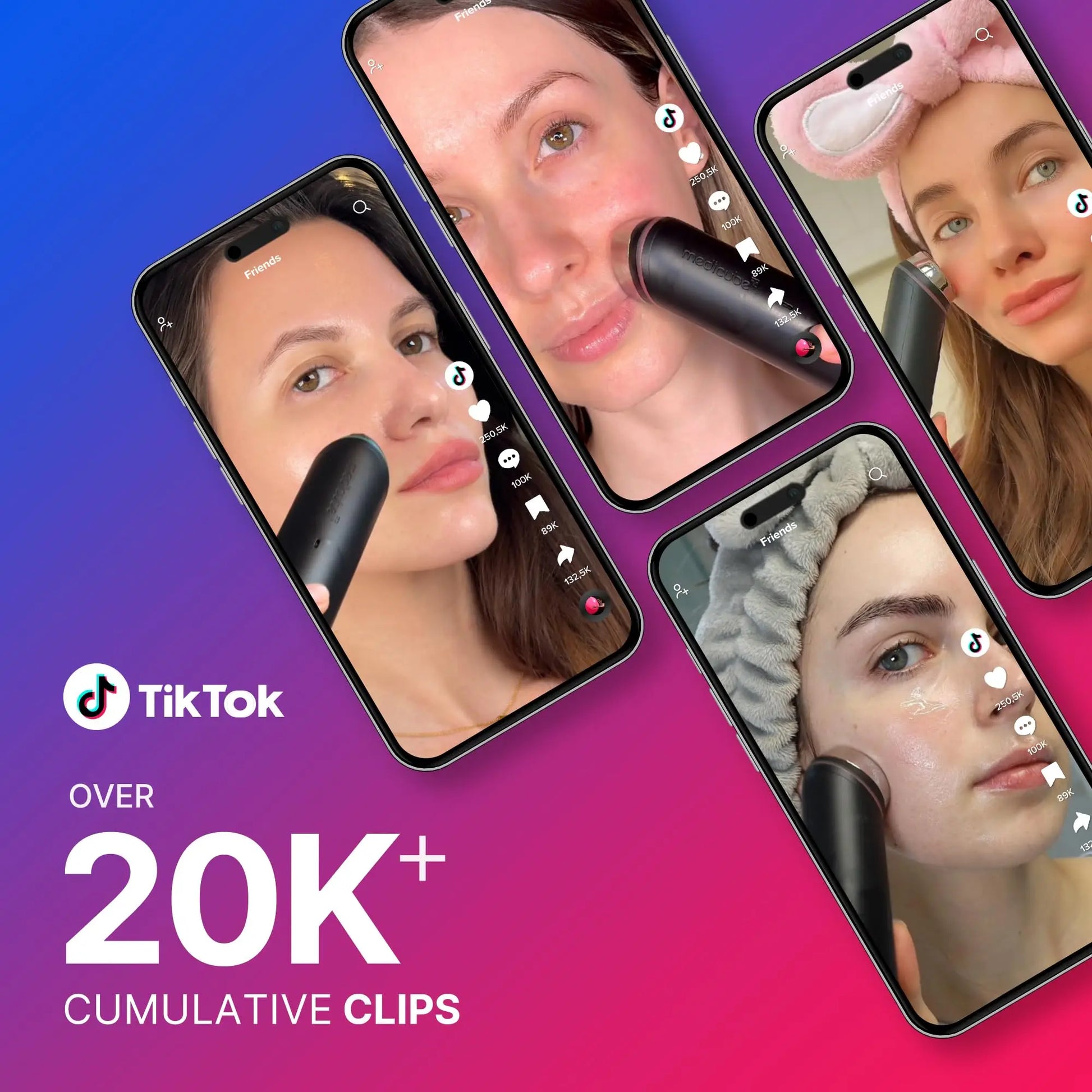 Four smartphone screens display women using a skincare device on their faces, promoting the medicube Age-R Booster Pro with over 20,000 cumulative TikTok clips featured.