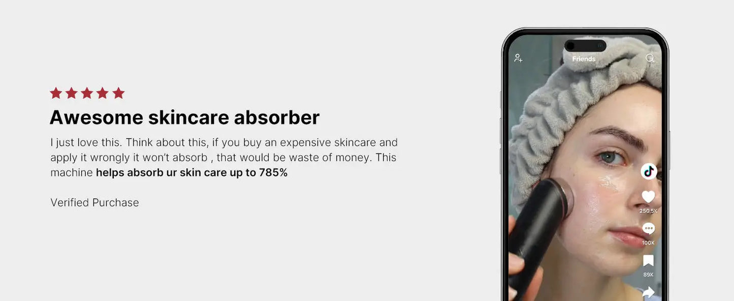 Smartphone displaying a close-up of a woman using a facial device on her cheek, showcasing the use of medicube Age-R Booster Pro for enhanced skincare absorption.