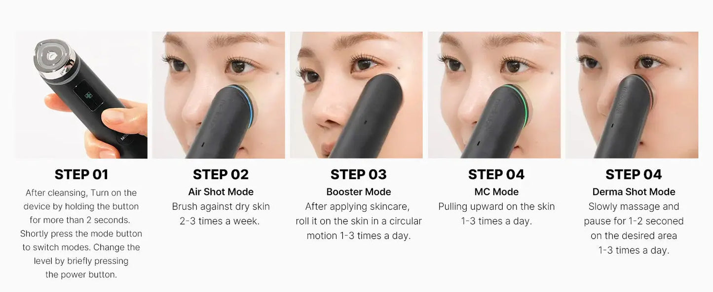 Step-by-step usage guide for medicube Age-R Booster Pro showing cleansing, air shot mode, booster mode, MC mode, and derma shot mode applied gently on the face to enhance skincare routine.