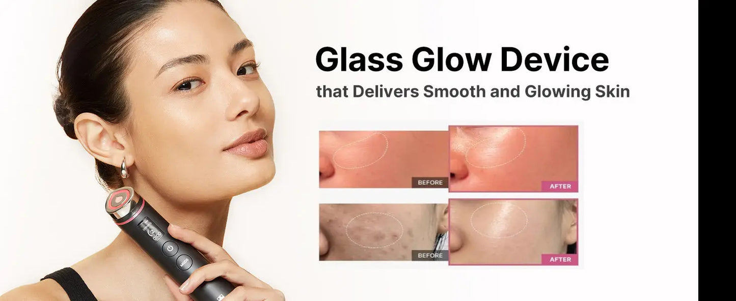 Woman using the medicube Age-R Booster Pro glass glow device on her face, with before and after close-up images showing smoother, glowing skin results.