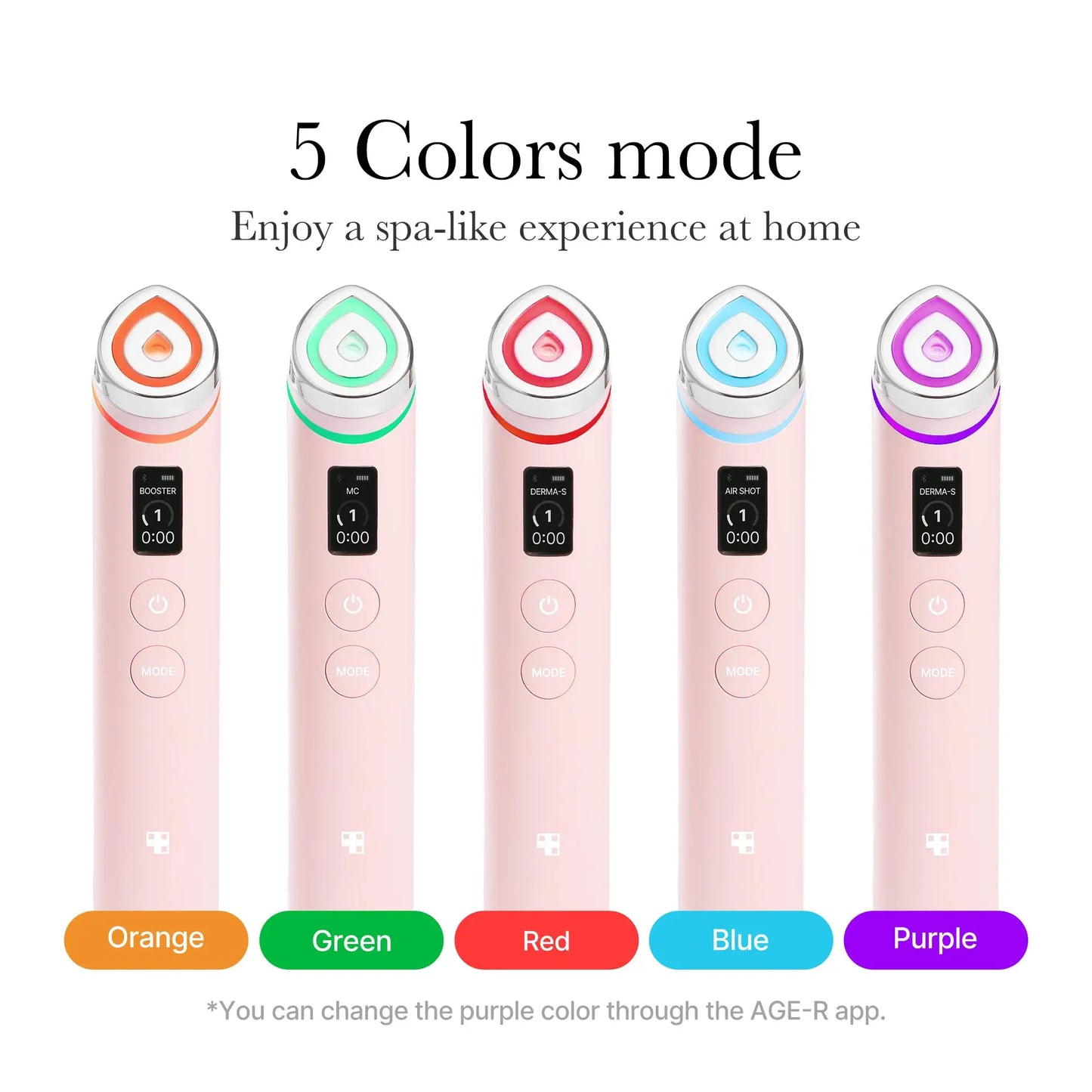 Five handheld medicube Age-R Booster Pro devices in pink with glowing orange, green, red, blue, and purple light modes, showing a spa-like home experience.