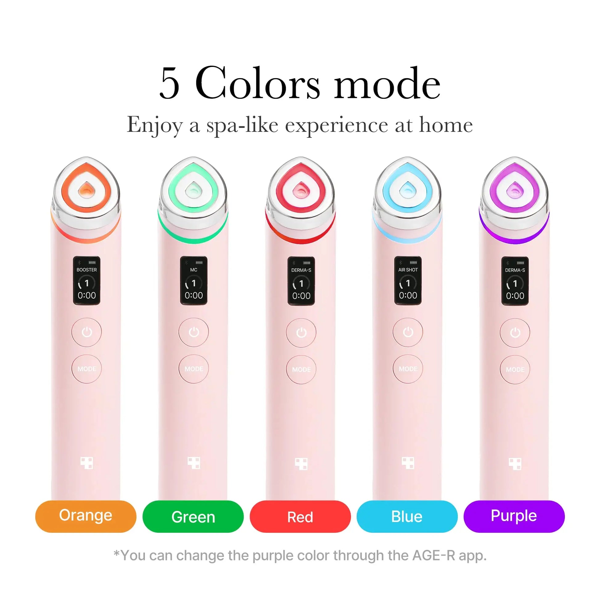 Five handheld medicube Age-R Booster Pro devices in pink with glowing orange, green, red, blue, and purple light modes, showing a spa-like home experience.