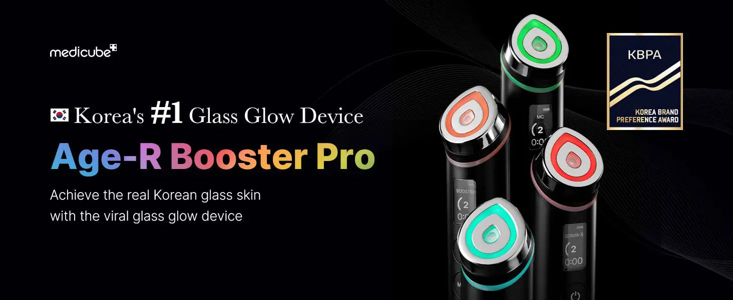 medicube Age-R Booster Pro Korean glass glow device for achieving real glass skin with advanced skincare technology and sleek black design with colorful LED indicators