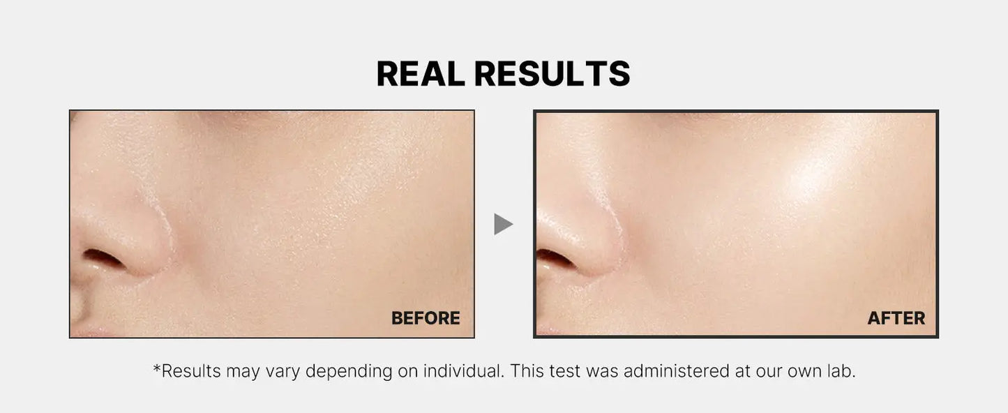 Close-up before and after images showing improved skin texture and brightness after using medicube Age-R Booster Pro on the cheek area