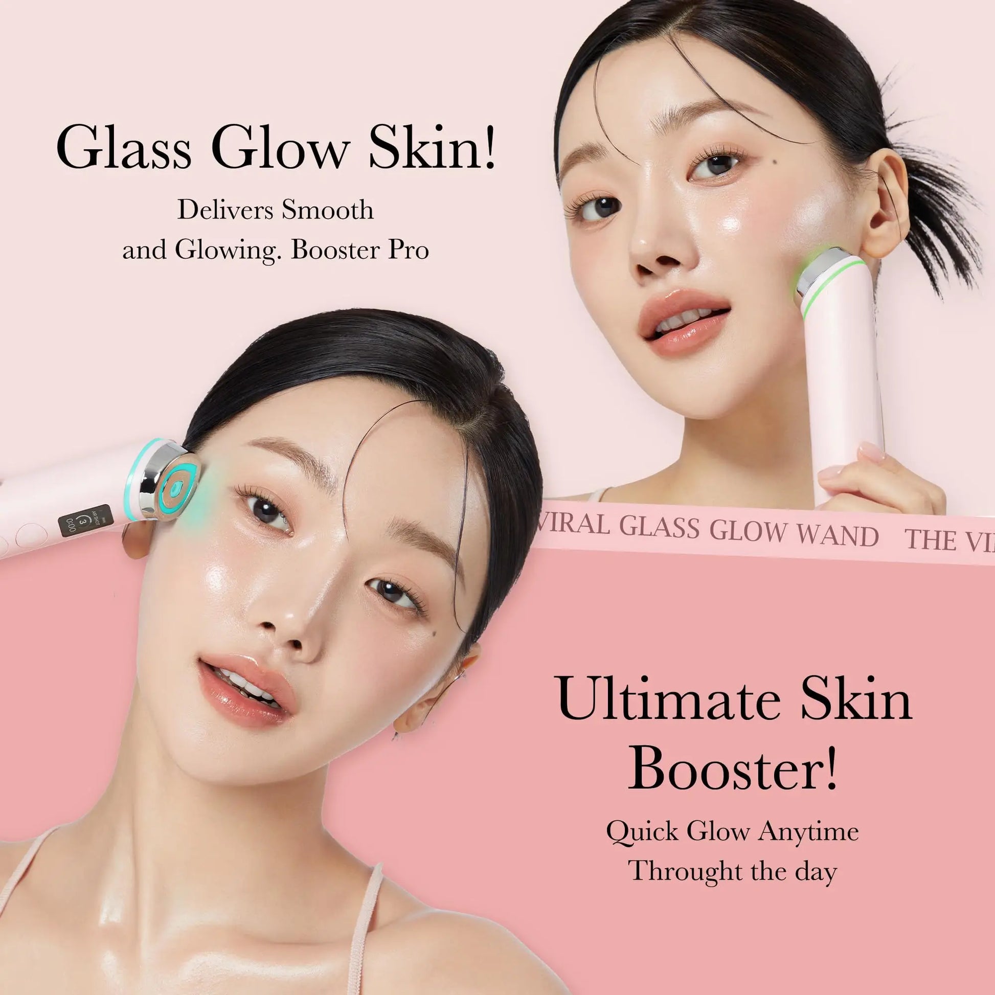 Two women with glowing skin use the medicube Age-R Booster Pro device, promoting smooth and radiant skin for an ultimate skin booster effect throughout the day.
