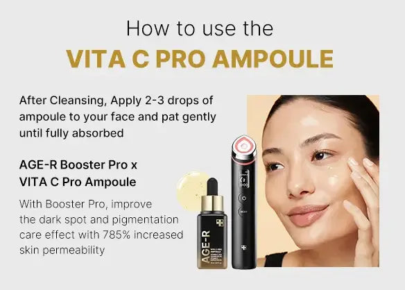 Instructional image showing how to use medicube AGE-R VITA C PRO AMPOULE 20ml by applying 2-3 drops to the face after cleansing, featuring a woman gently patting serum onto her cheek alongside the product bottle and a skincare device.