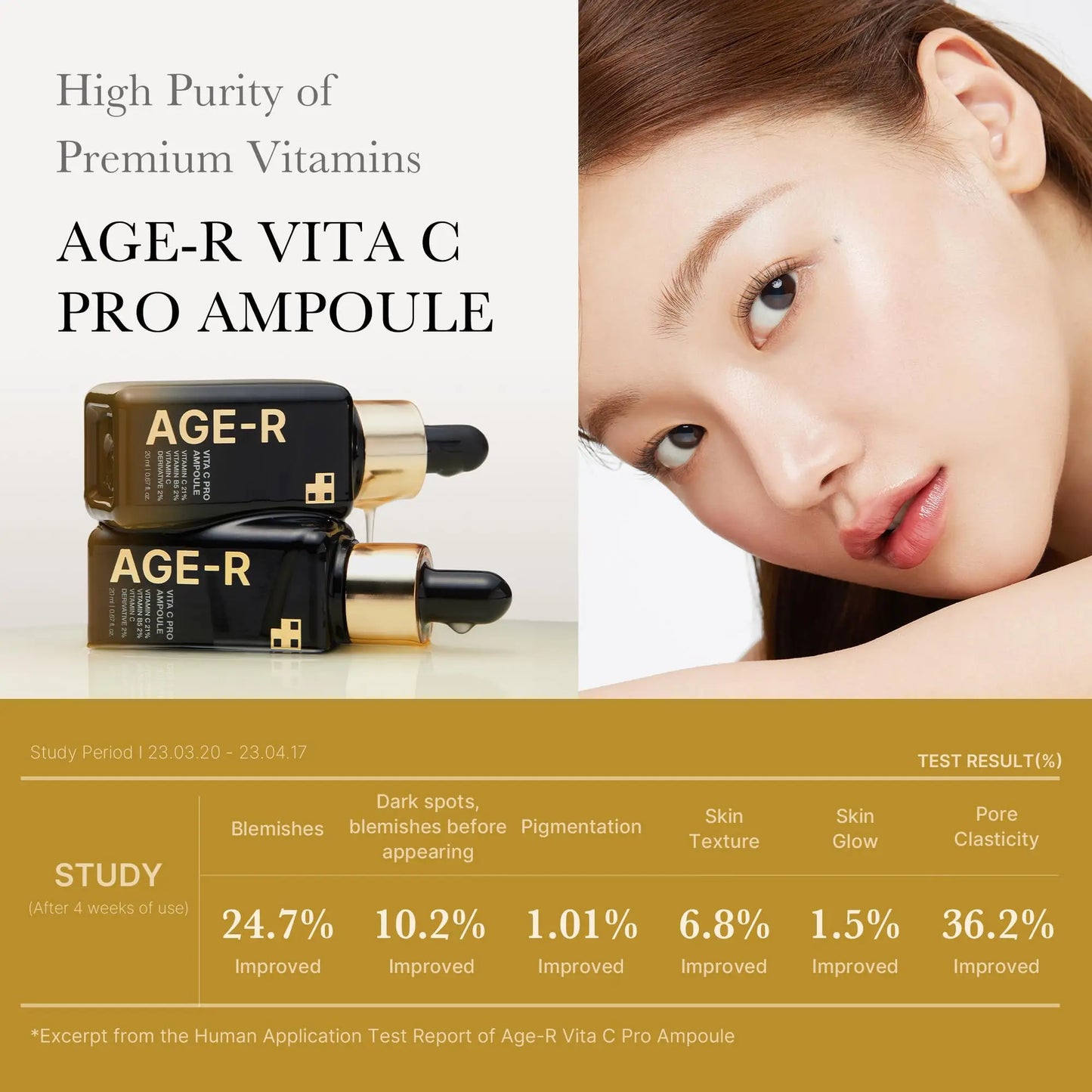 Two black and gold dropper bottles labeled medicube AGE-R VITA C PRO AMPOULE 20ml displayed beside a close-up of a woman’s clear glowing skin, with text highlighting study results on skin improvement.