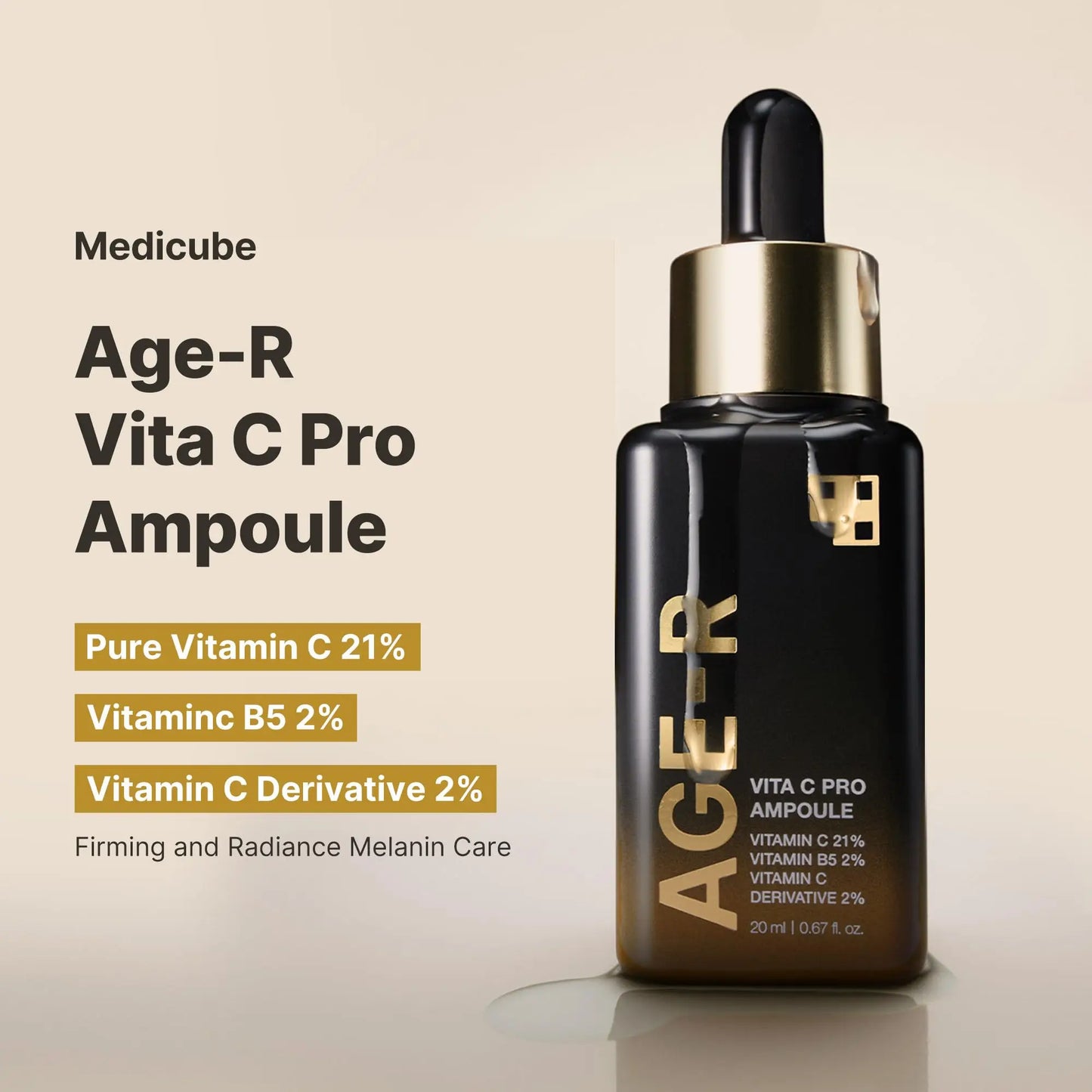 Black glass bottle with gold accents of medicube AGE-R VITA C PRO AMPOULE 20ml highlighting pure Vitamin C 21%, Vitamin B5 2%, and Vitamin C derivative 2% for firming and radiance melanin care.