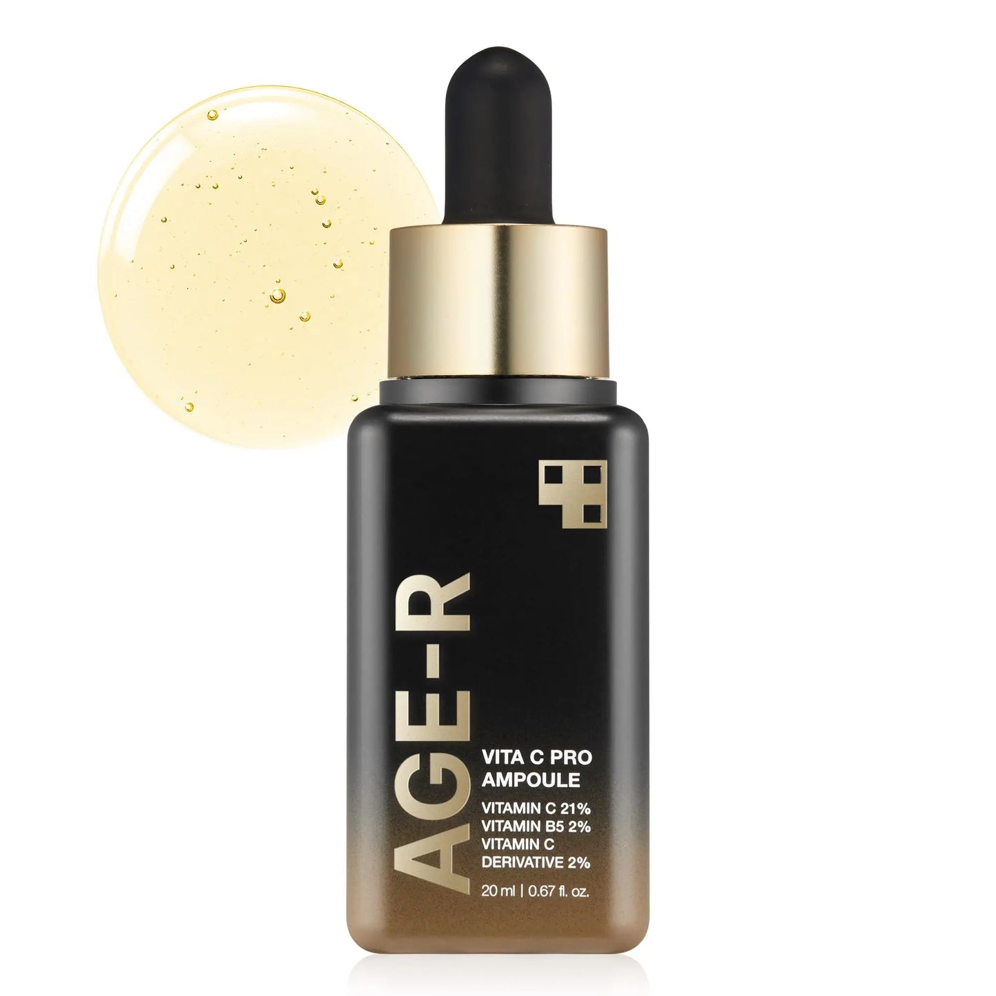 medicube AGE-R VITA C PRO AMPOULE 20ml bottle with dropper and light yellow serum drop highlighting vitamin C and B5 content for skincare brightening and nourishment