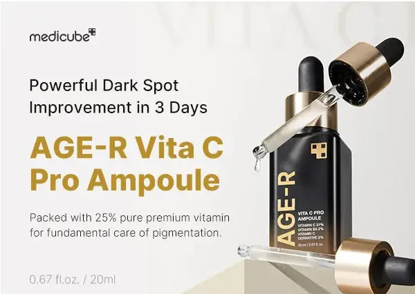 medicube AGE-R VITA C PRO AMPOULE 20ml bottle with dropper, promoting powerful dark spot improvement and pigmentation care with 25% pure premium vitamin C formula