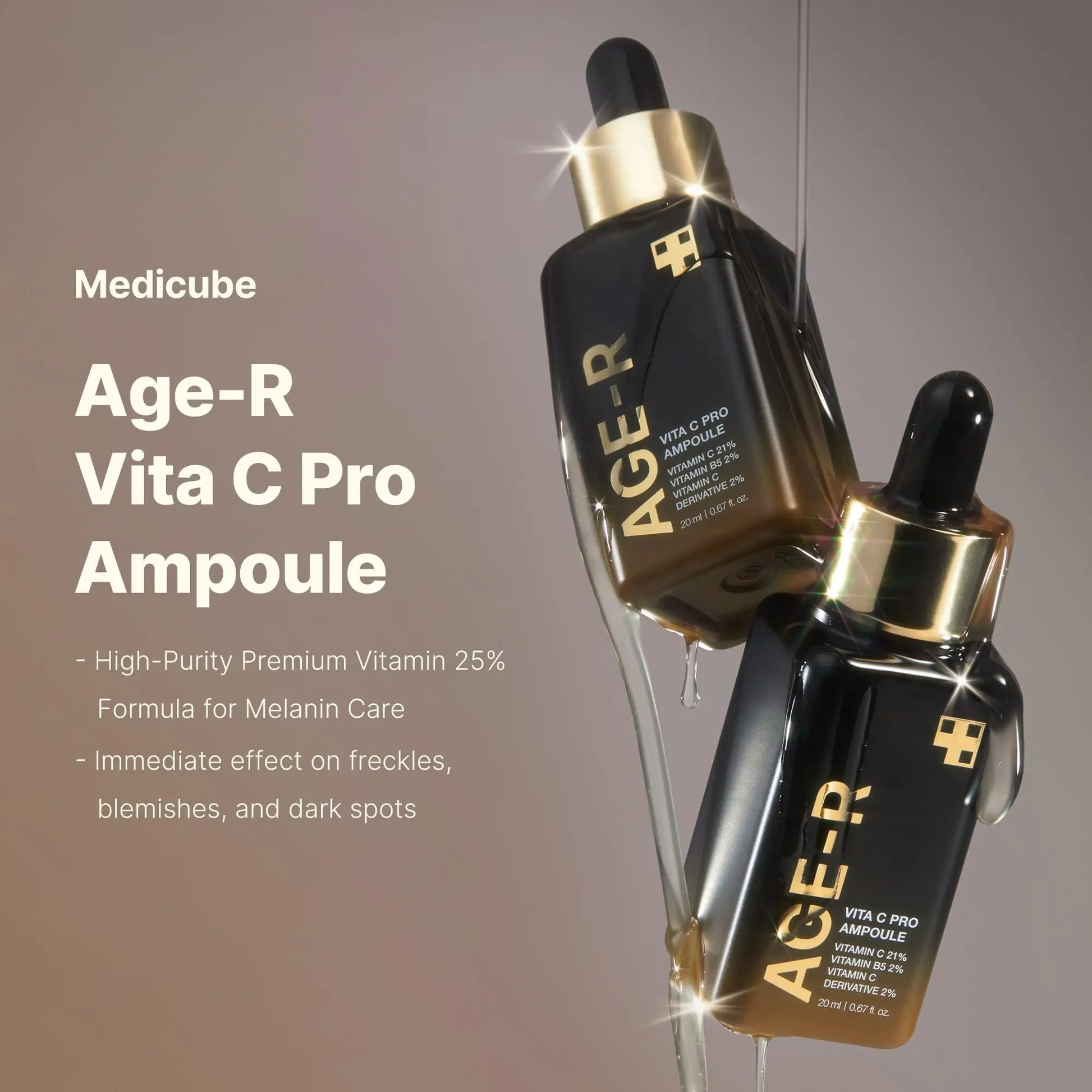Two dark amber dropper bottles with gold caps containing medicube AGE-R VITA C PRO AMPOULE 20ml, shown against a soft brown background with text highlighting high-purity vitamin C and skin brightening benefits.