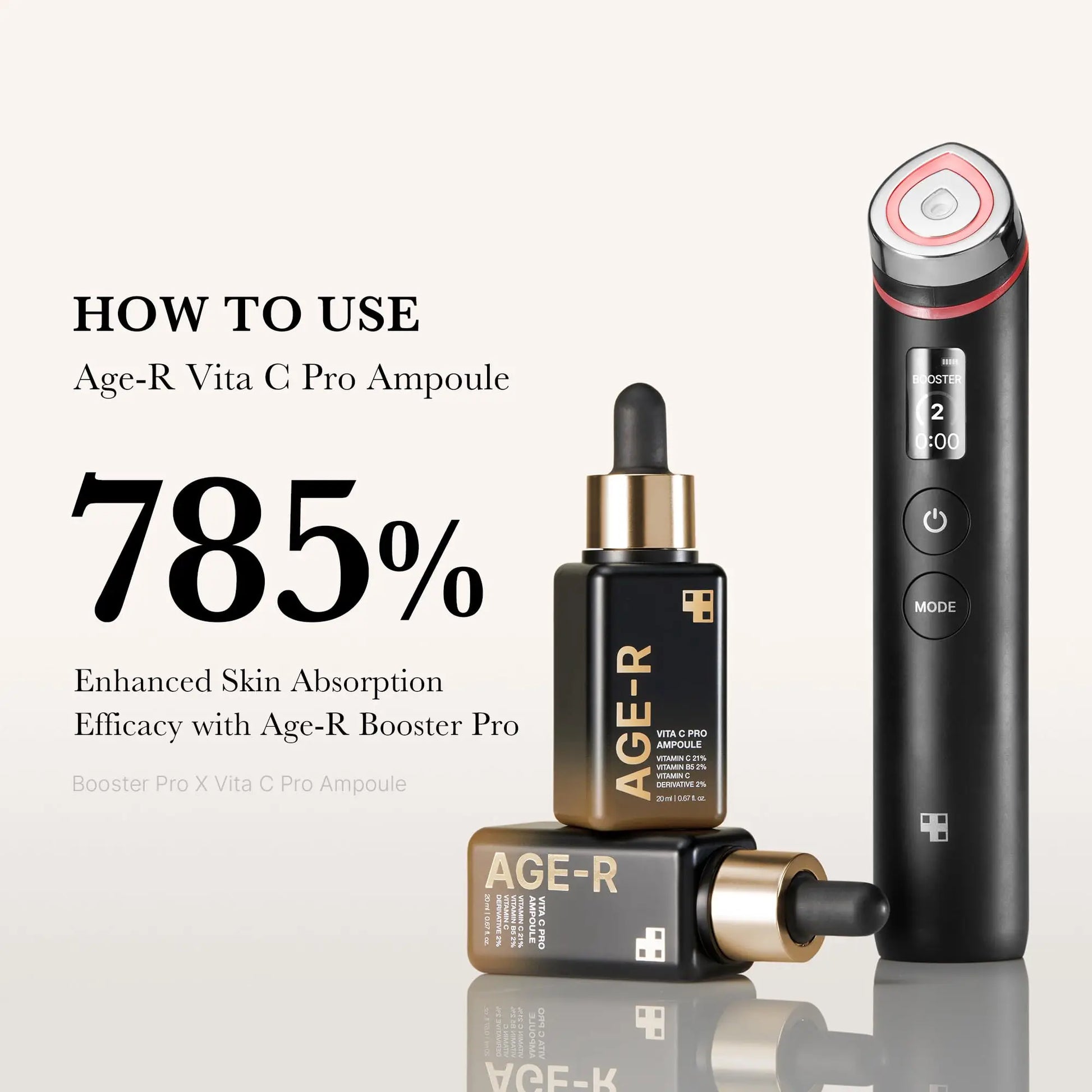 medicube AGE-R VITA C PRO AMPOULE 20ml with two bottles displayed next to a sleek black skincare device, highlighting enhanced skin absorption and usage instructions.