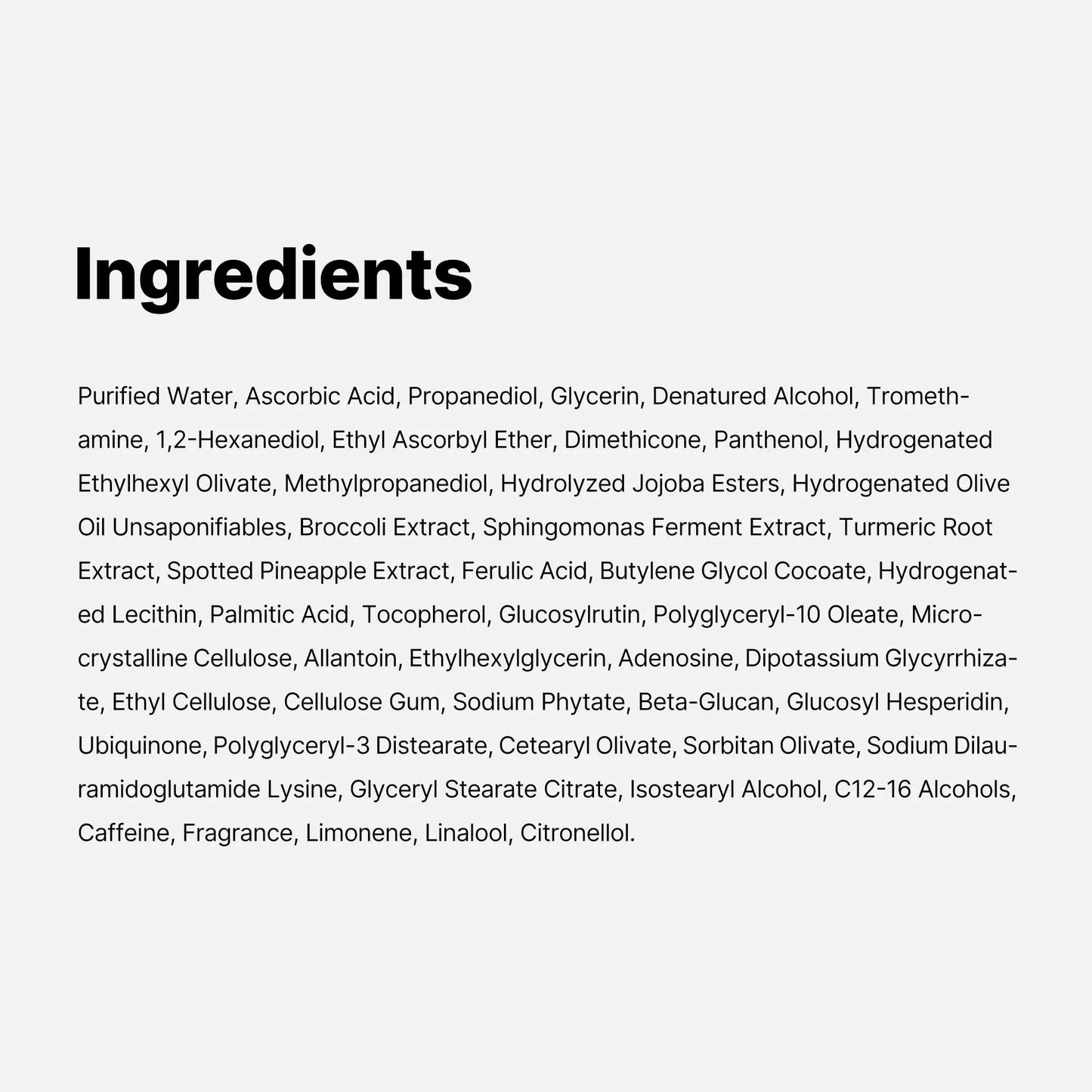 Ingredients list for medicube AGE-R VITA C PRO AMPOULE 20ml showing a detailed formulation including purified water, ascorbic acid, botanical extracts, peptides, and moisturizing agents.