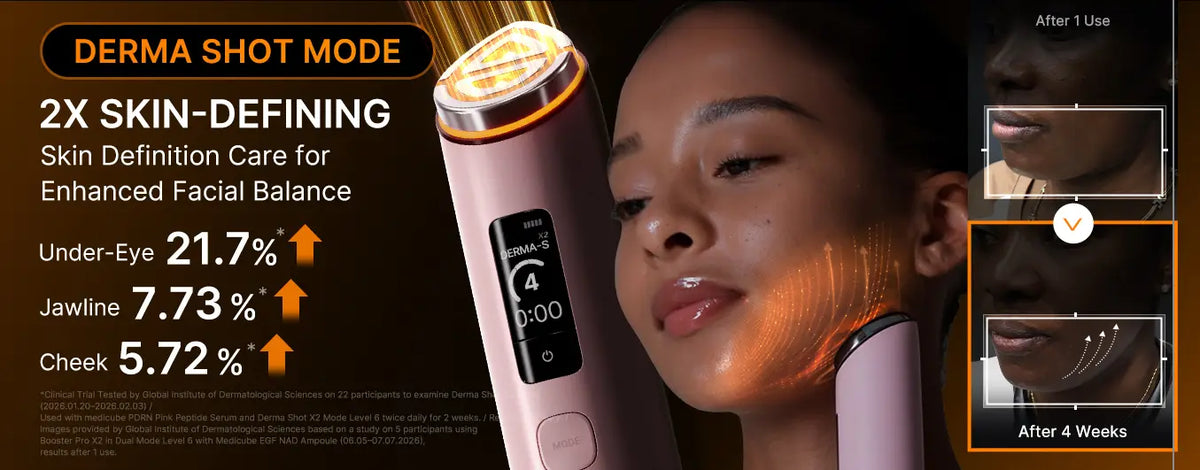Pink medicube booster pro x2 derma-s cosmetic device with digital display and glowing orange light for skincare treatment