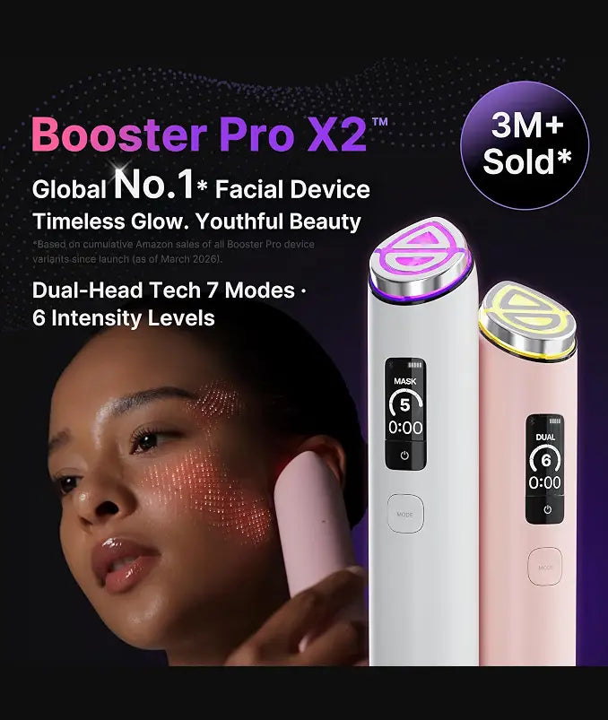 The medicube booster pro x2 facial device features a sleek design with white and pink options and glowing circular heads