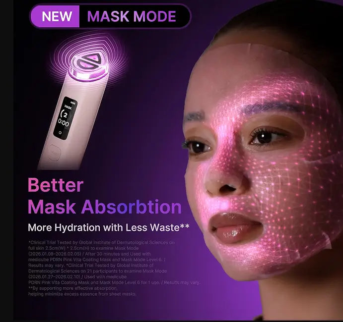 Pink glowing facial mask applicator device with digital display and white handle from medicube booster pro x2