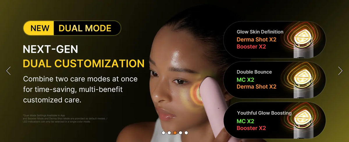 Pink handheld facial device with glowing light therapy settings medicube booster pro x2 for skincare treatment