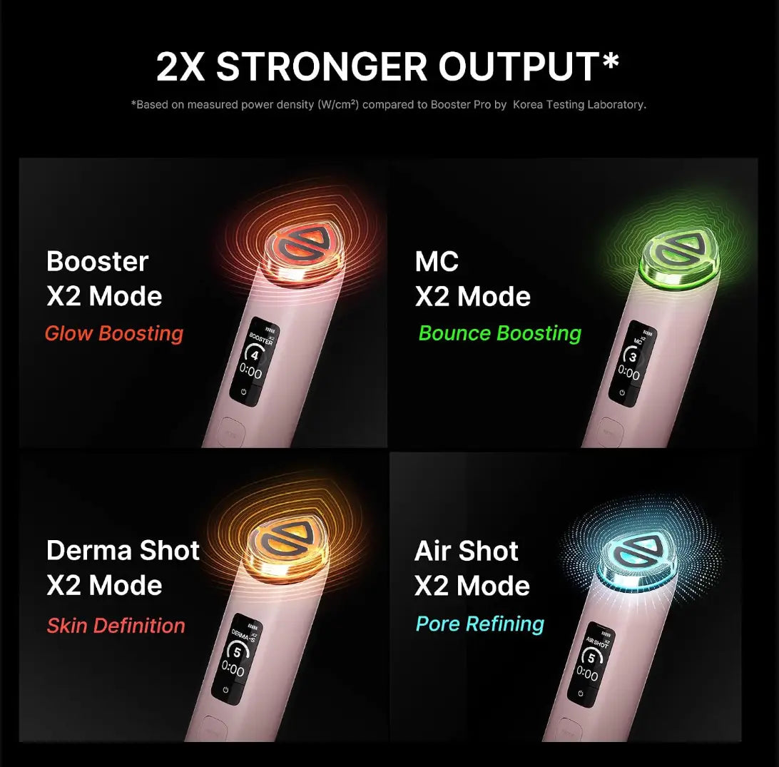 Pink handheld facial device medicube booster pro x2 with sleek cylindrical body and glowing light-emitting tip