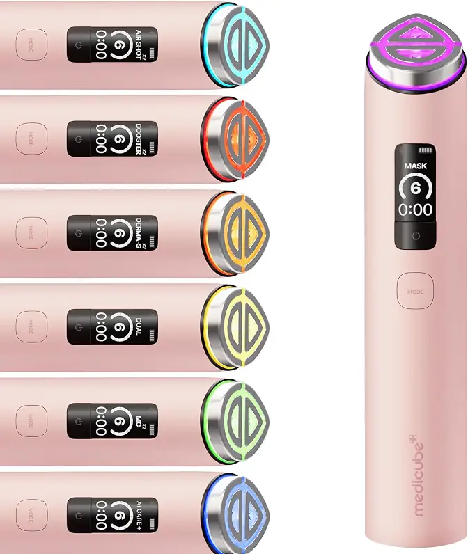 Rose gold medicube booster pro x2 facial device with glowing purple top and digital display showing mask 6 00 timer