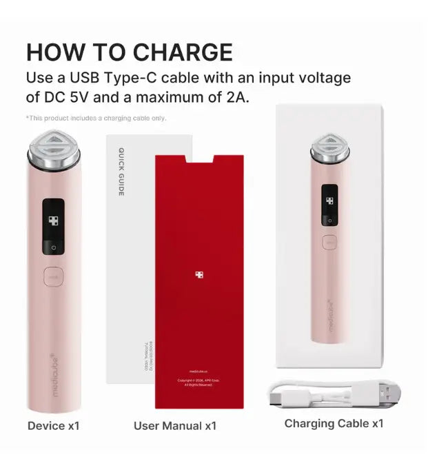 Rose gold metallic handheld facial device medicube booster pro x2 with sleek body digital screen and silver treatment head