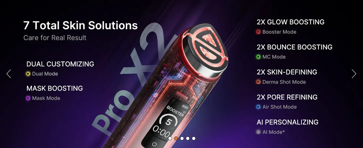 The medicube booster pro x2 skin care device has a sleek translucent body with red glowing circuit patterns and a black top cap