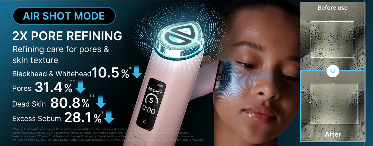 A sleek light pink handheld medicube booster pro x2 facial device with glowing blue circular head and digital display