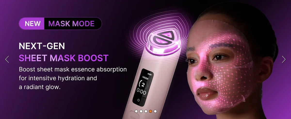 A sleek white medicube booster pro x2 handheld device with a glowing purple light and mask mode display for sheet masks