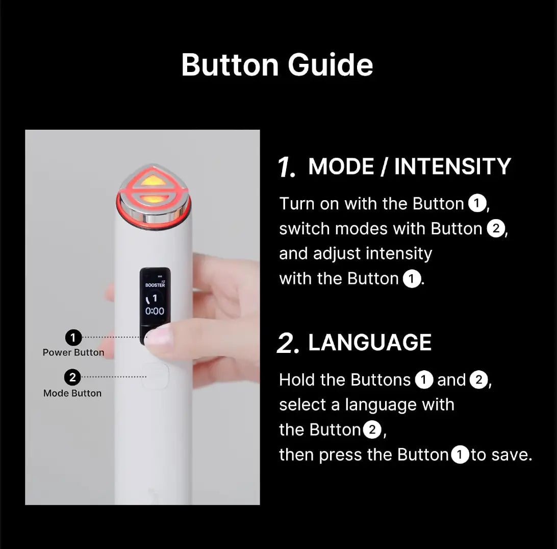 White cylindrical facial device with red and silver accents and digital display screen medicube booster pro x2