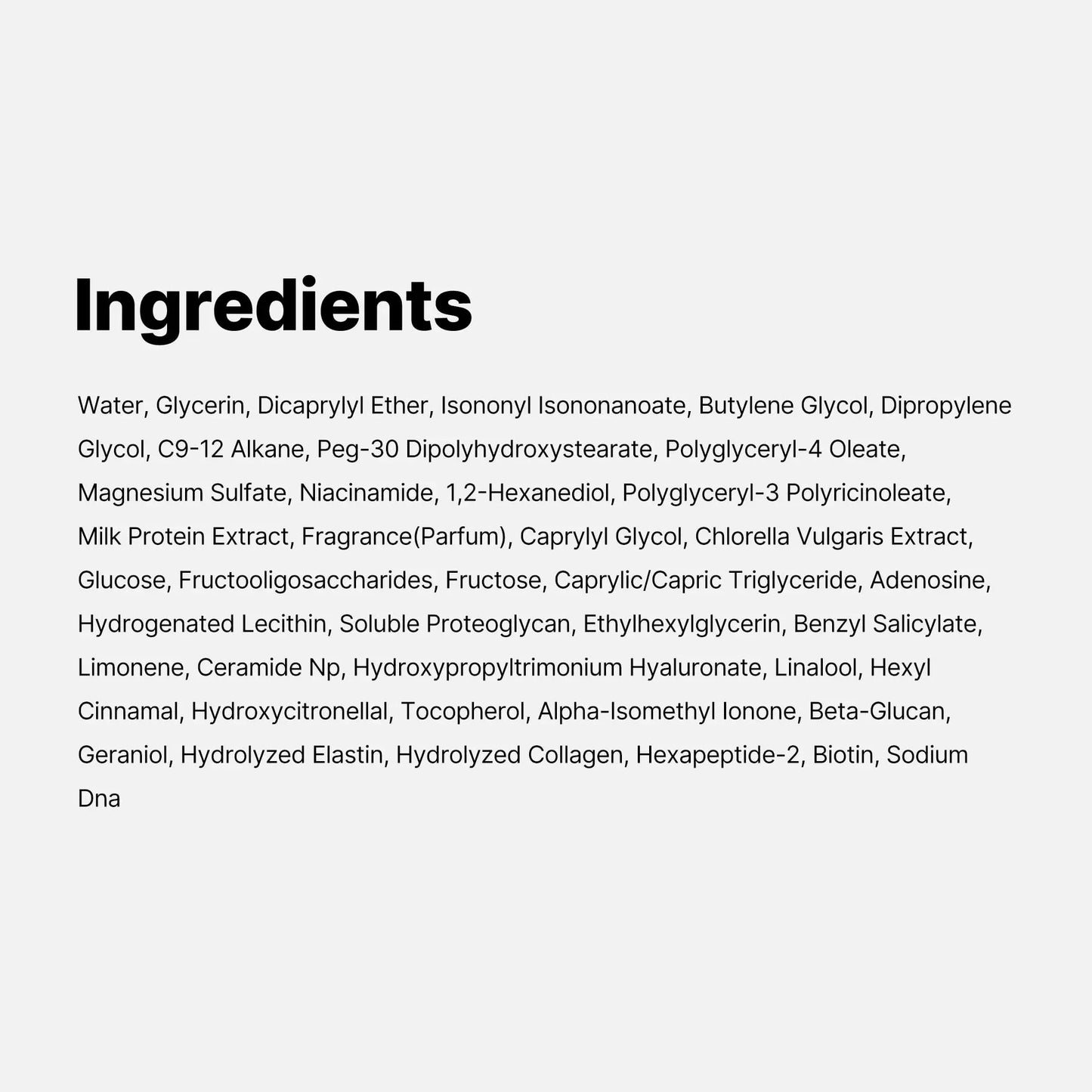 List of ingredients in a cosmetic product named medicube Collagen Glow Booster Serum 15ml, including water, glycerin, niacinamide, milk protein extract, ceramide NP, hyaluronate, hydrolyzed collagen, biotin, and sodium DNA among others.