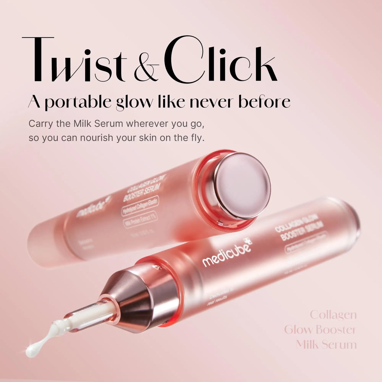 Two sleek rose gold tubes of medicube Collagen Glow Booster Serum 15ml with one open showing creamy serum drop, presented on soft pink background with promotional text.
