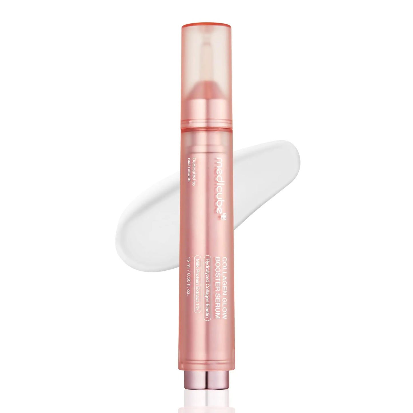 medicube Collagen Glow Booster Serum 15ml in a sleek pink pump bottle with a creamy white serum swatch behind it, highlighting hydration and skin glow benefits.