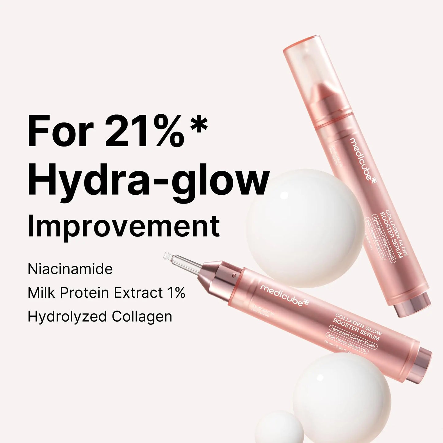 Two rose gold applicator tubes of medicube Collagen Glow Booster Serum 15ml with white spheres, highlighting hydra-glow improvement and ingredients niacinamide, milk protein extract, hydrolyzed collagen.