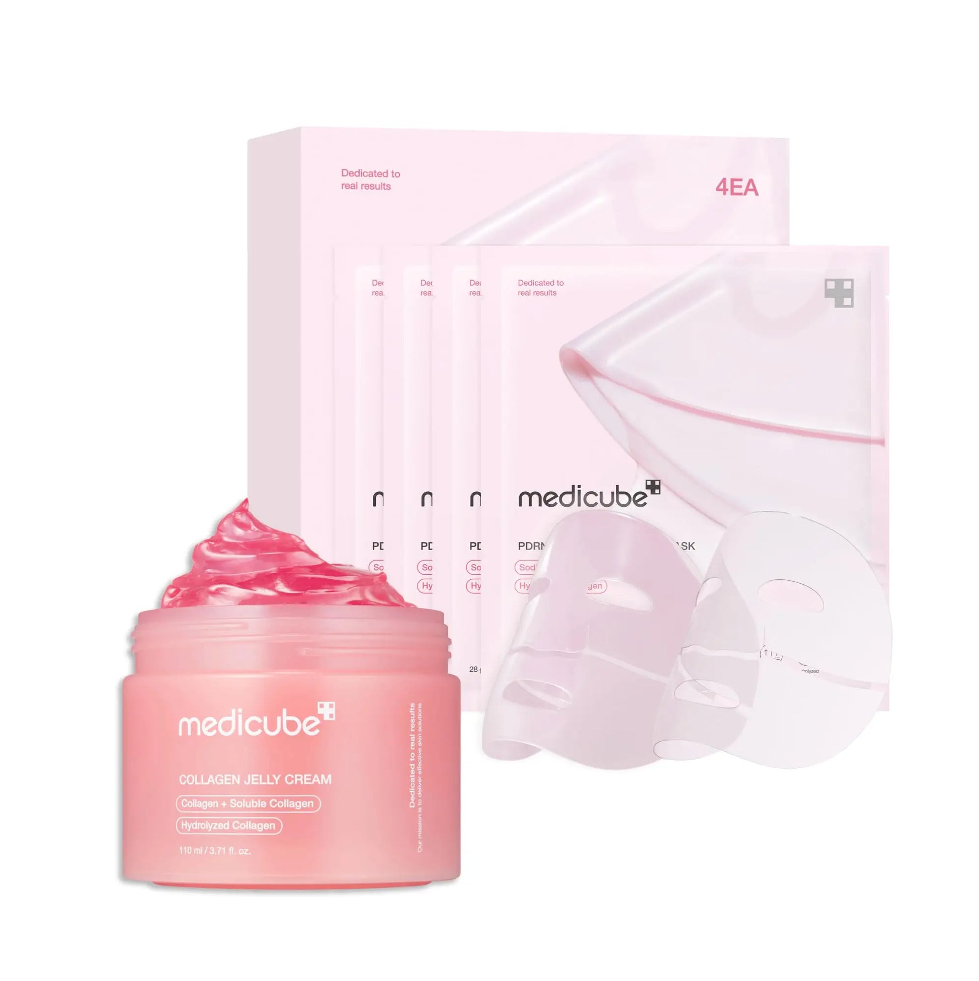 medicube Collagen Jelly Cream 110ml + PDRN pink collagen jelly gel mask 4pcs displayed with a pink jar of collagen jelly cream and four pink sheet masks in packaging on a white background