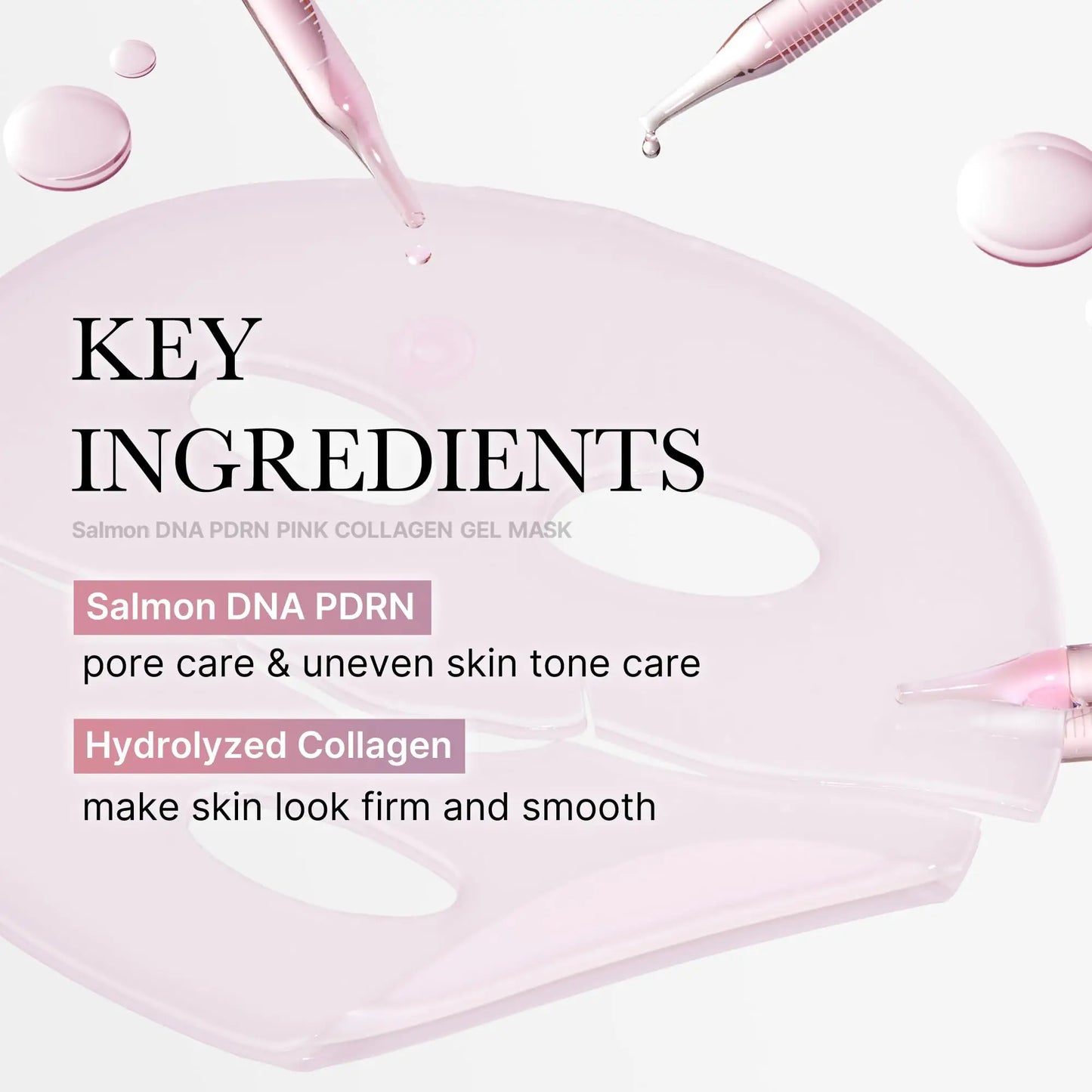 Close-up view of salmon pink collagen gel mask with pipettes dripping serum, highlighting key ingredients Salmon DNA PDRN for pore and uneven skin tone care and Hydrolyzed Collagen for firm, smooth skin, medicube Collagen Jelly Cream 110ml + PDRN pink collagen jelly gel mask 4pcs.