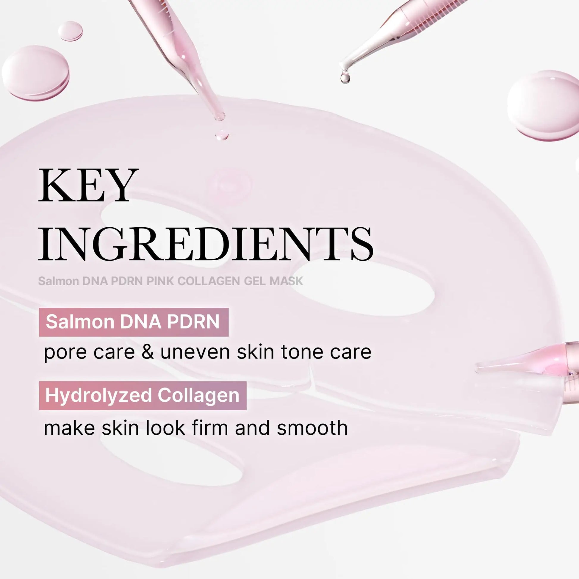 Close-up view of salmon pink collagen gel mask with pipettes dripping serum, highlighting key ingredients Salmon DNA PDRN for pore and uneven skin tone care and Hydrolyzed Collagen for firm, smooth skin, medicube Collagen Jelly Cream 110ml + PDRN pink collagen jelly gel mask 4pcs.