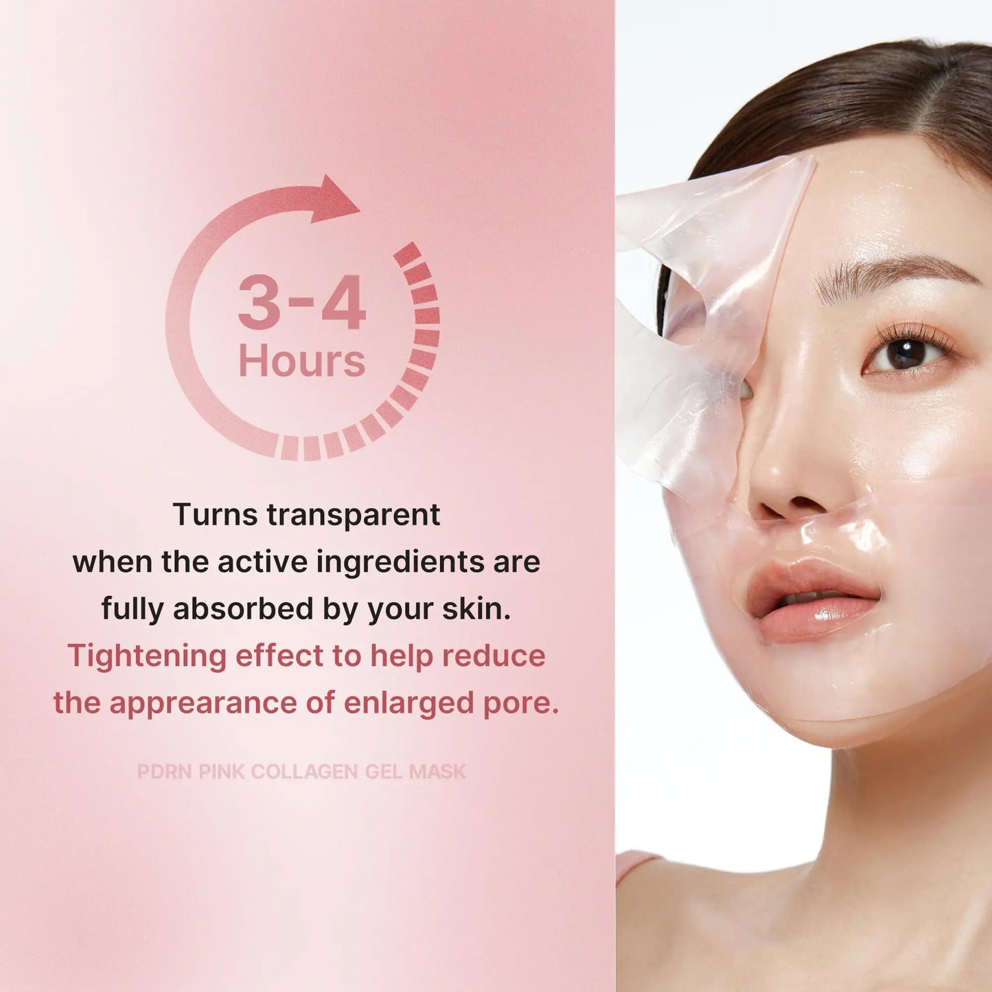 Woman peeling off a transparent gel mask from her face beside text explaining the PDRN pink collagen jelly gel mask from medicube Collagen Jelly Cream 110ml + PDRN pink collagen jelly gel mask 4pcs tightens skin and reduces enlarged pores within 3-4 hours.