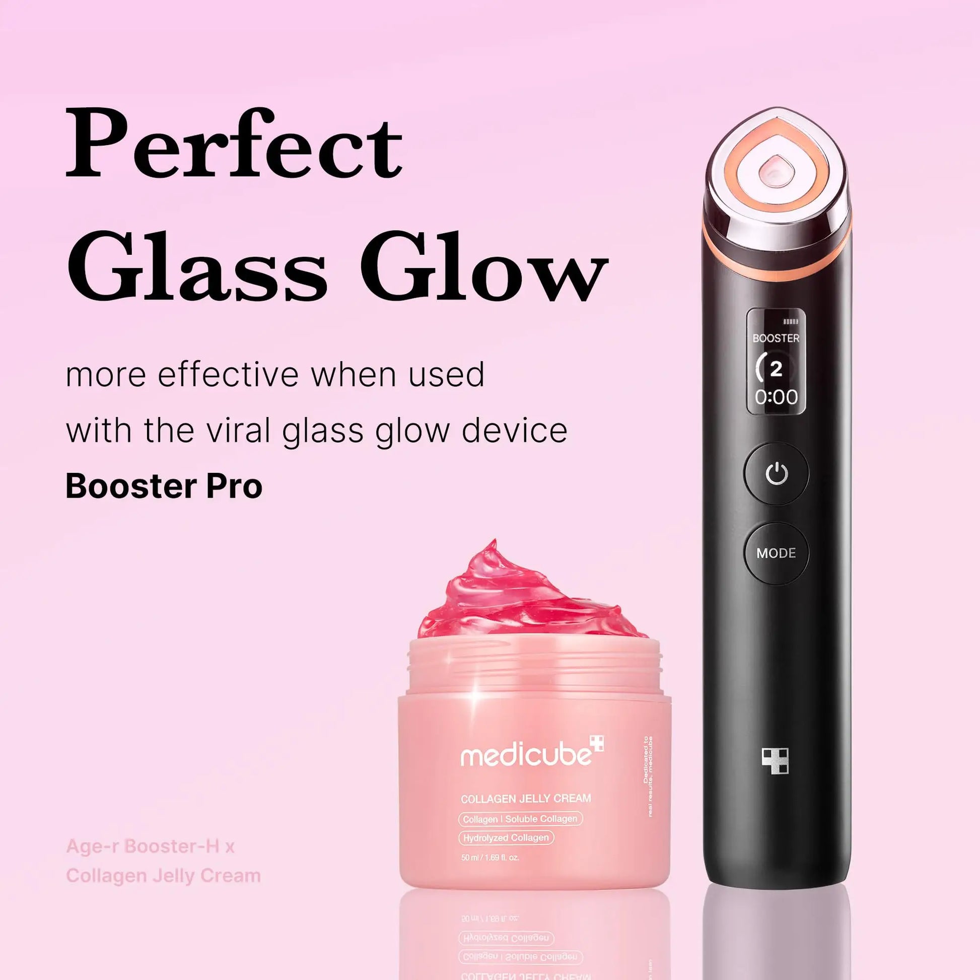 medicube Collagen Jelly Cream 50ml open jar with pink cream next to a sleek black skincare device on a soft pink background promoting perfect glass glow skin results with Booster Pro device