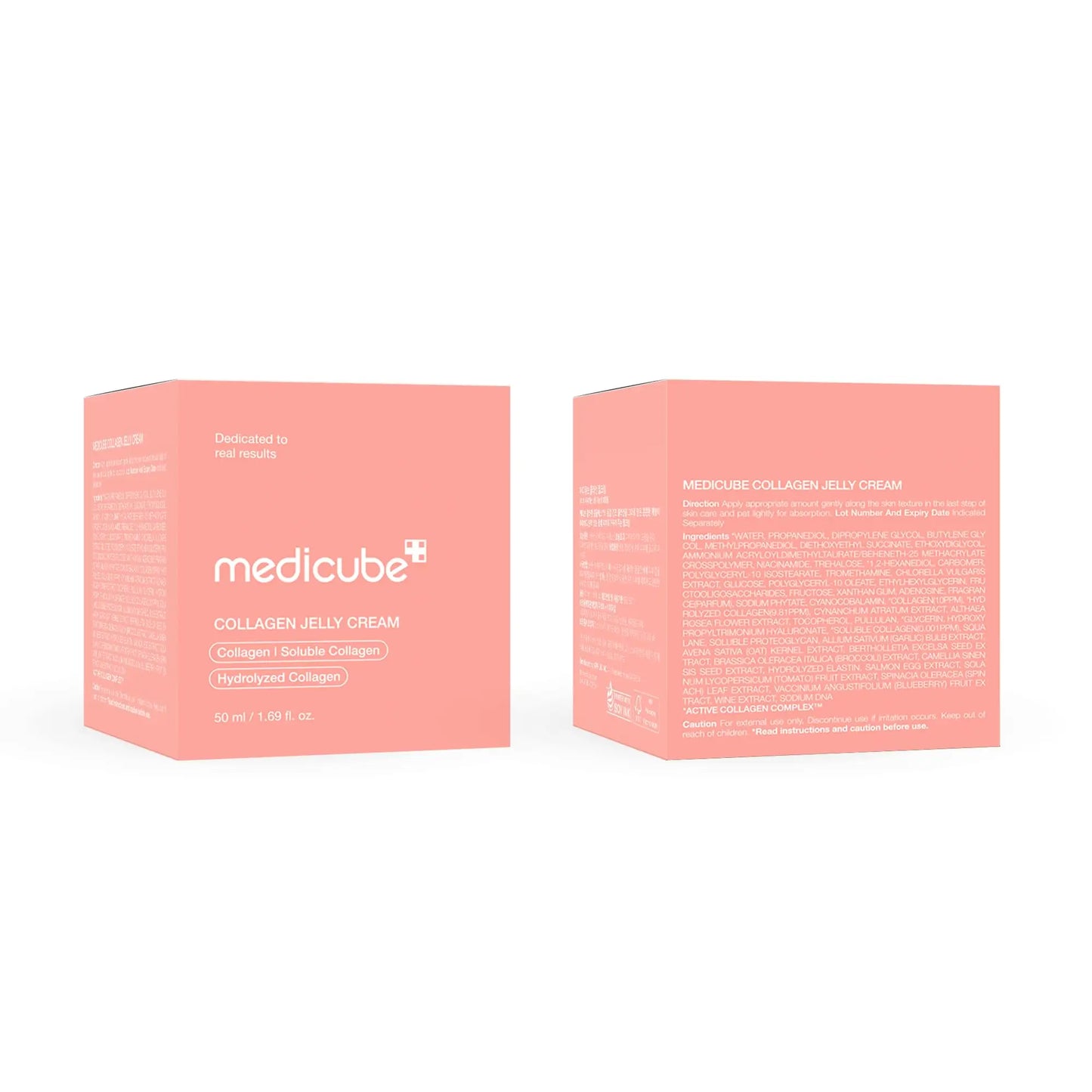 Two pink boxes of medicube Collagen Jelly Cream 50ml with product name, collagen details, and ingredient information printed in white text on the packaging