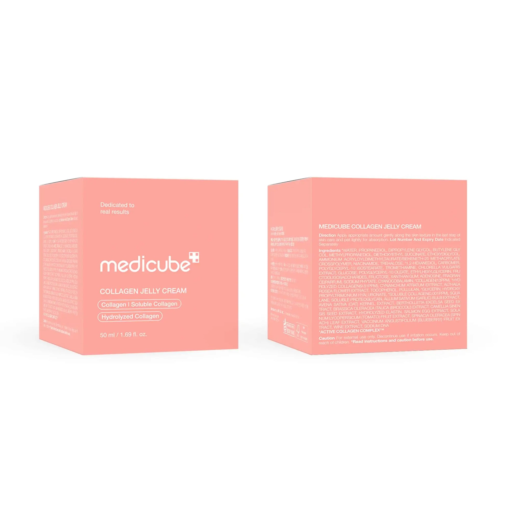 Two pink boxes of medicube Collagen Jelly Cream 50ml with product name, collagen details, and ingredient information printed in white text on the packaging