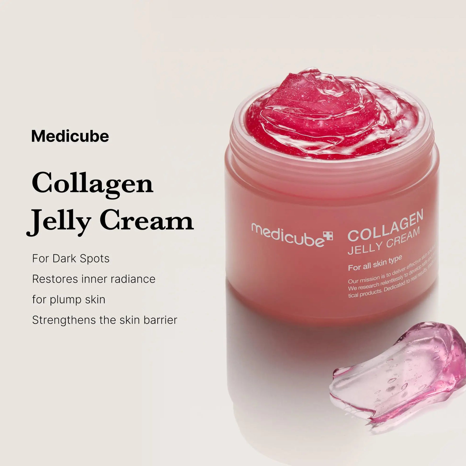 Open jar of medicube Collagen Jelly Cream 50ml showing vibrant pink jelly texture with product text highlighting benefits for dark spots, radiance, and skin barrier strength.