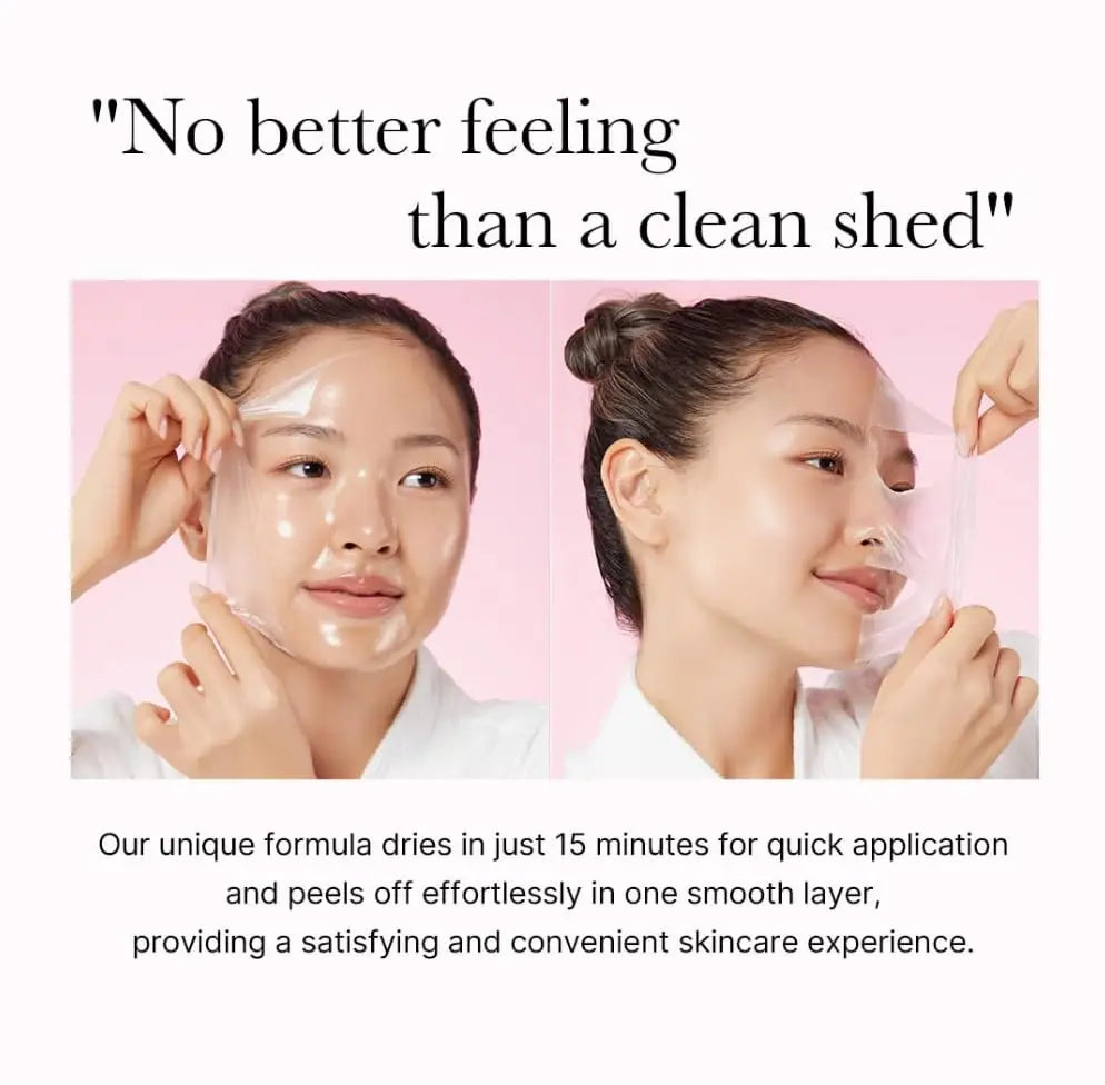 Woman gently peeling off a clear mask from her face, showcasing the smooth skin effect of medicube Collagen Night Wrapping Mask 75ml with a soft pink background.