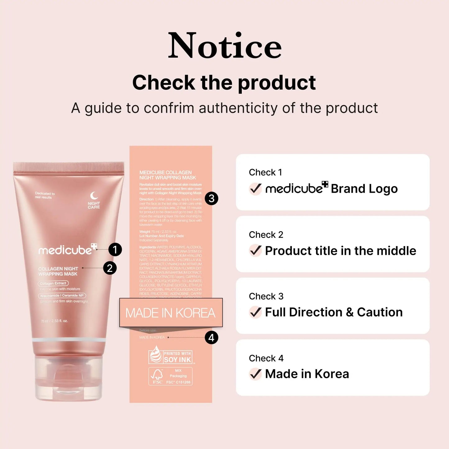 Authenticity guide for medicube Collagen Night Wrapping Mask 75ml featuring product tube with brand logo, title, full instructions, caution text, and Made in Korea label.