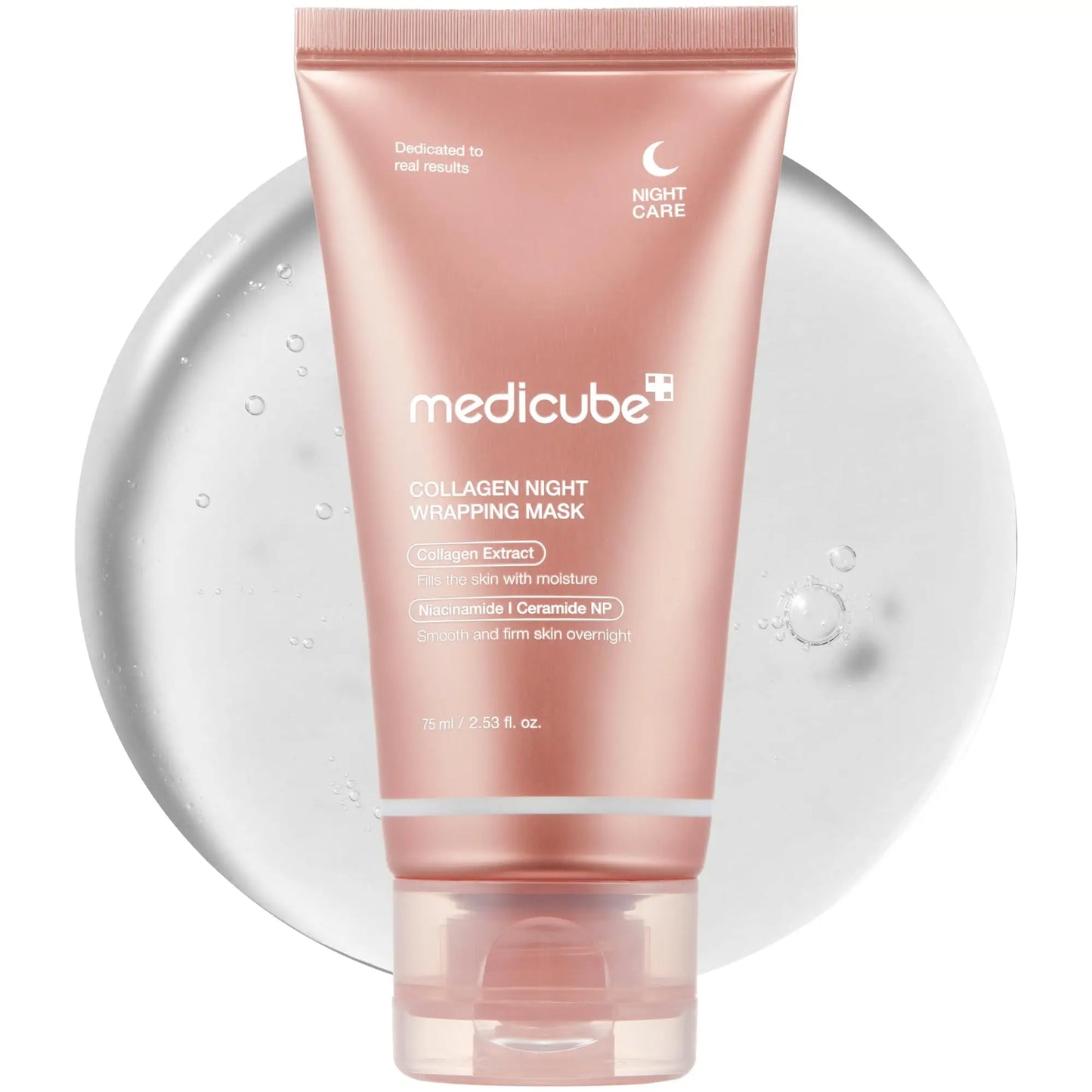 medicube Collagen Night Wrapping Mask 75ml in a pink tube, designed for night skincare, placed in front of a clear gel-like circle with water droplets.