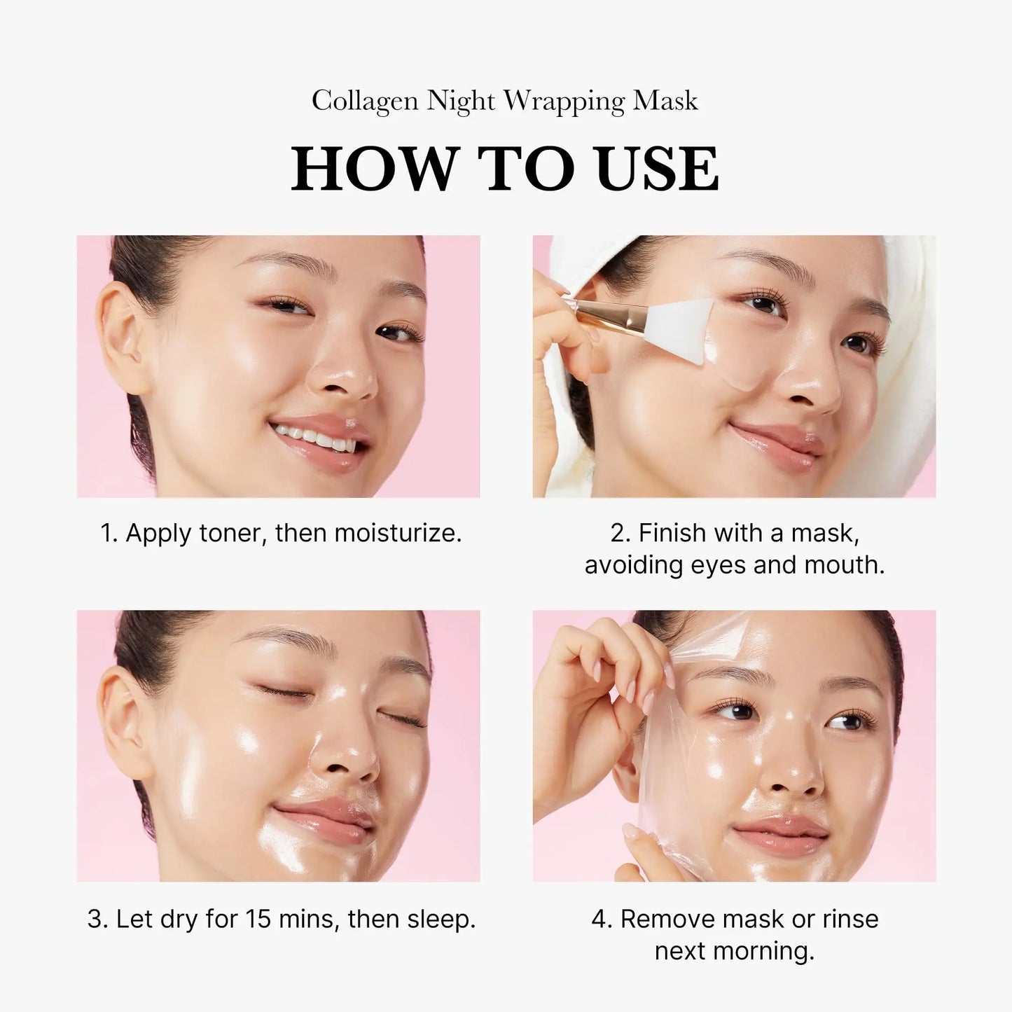 Step-by-step usage instructions for medicube Collagen Night Wrapping Mask 75ml shown on a model applying toner, moisturizing, masking, letting it dry, and removing or rinsing in the morning.