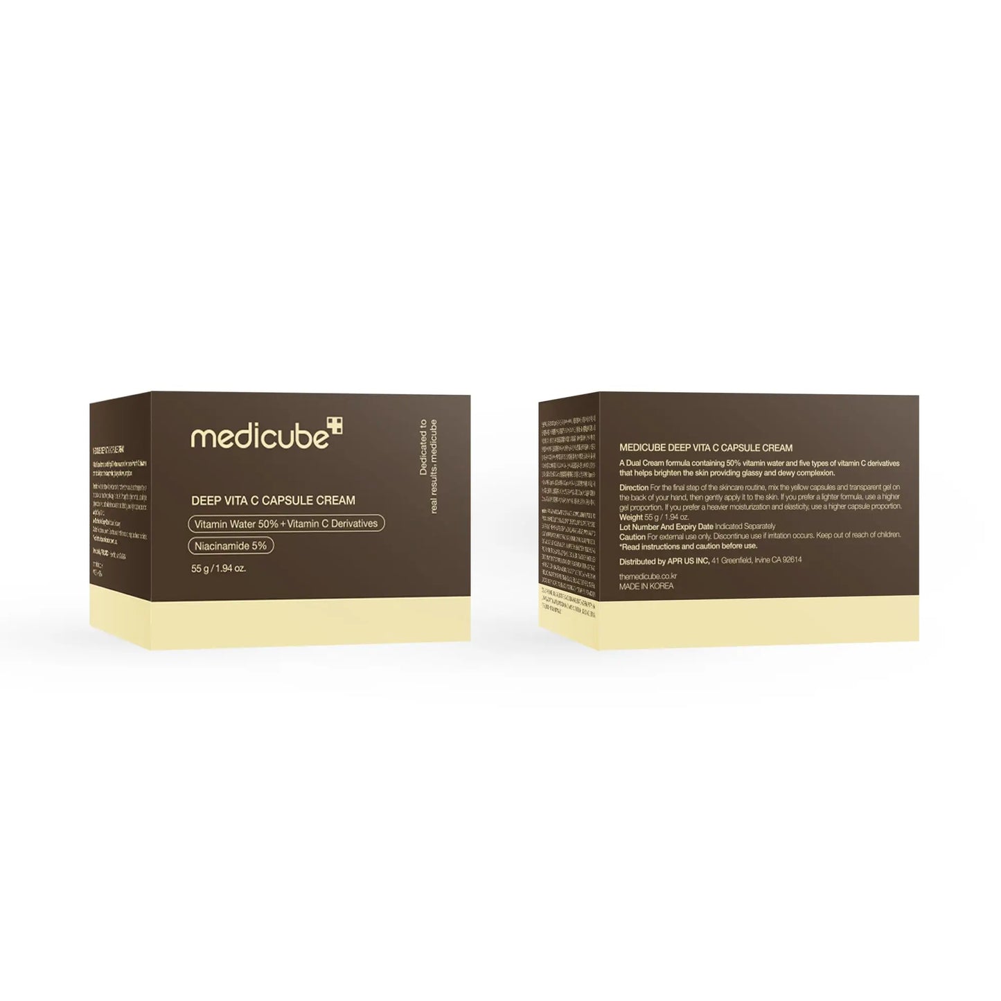 Packaging box of medicube Deep Vitamin C Capsule Cream 55g in brown and beige with product name and description details visible against a white background