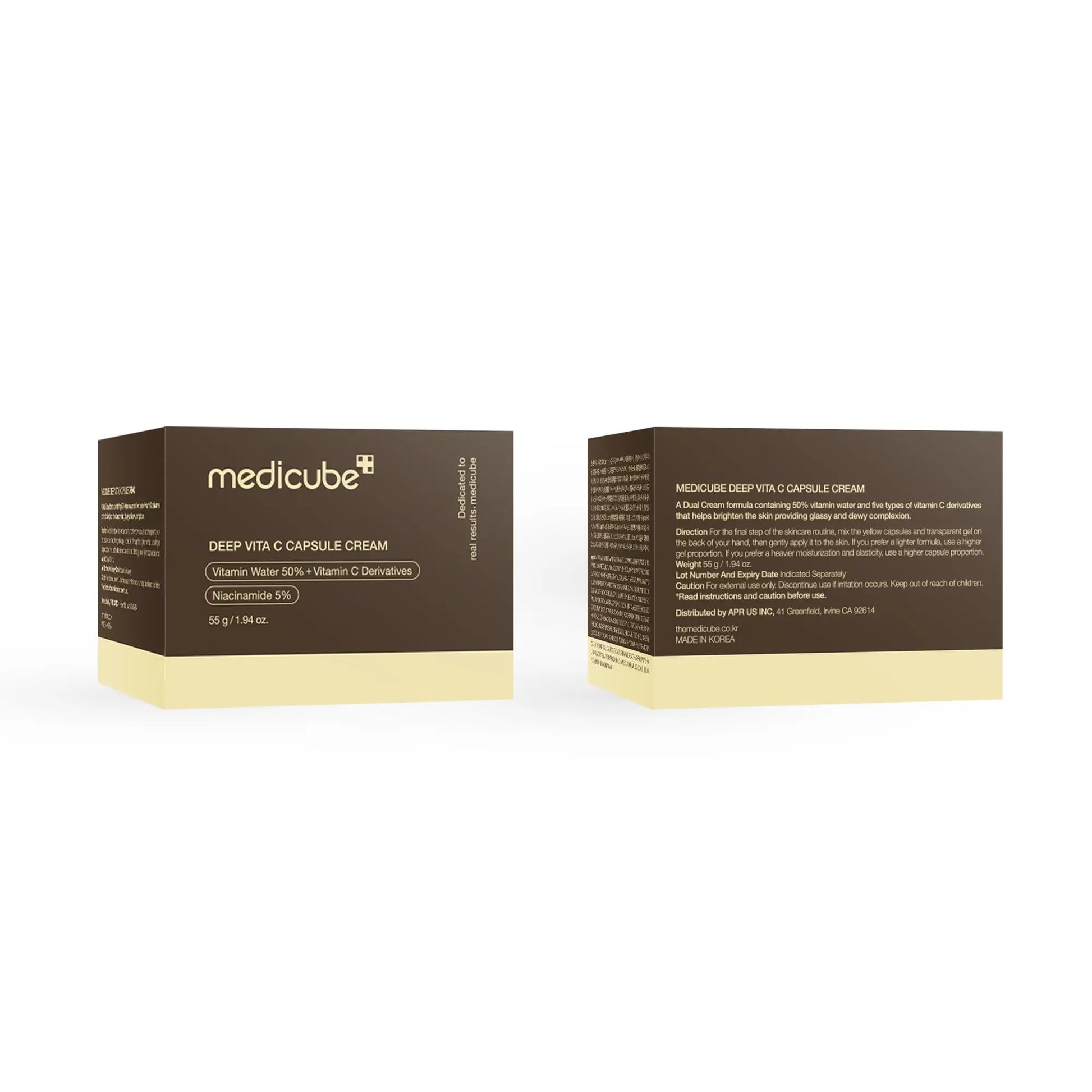 Packaging box of medicube Deep Vitamin C Capsule Cream 55g in brown and beige with product name and description details visible against a white background