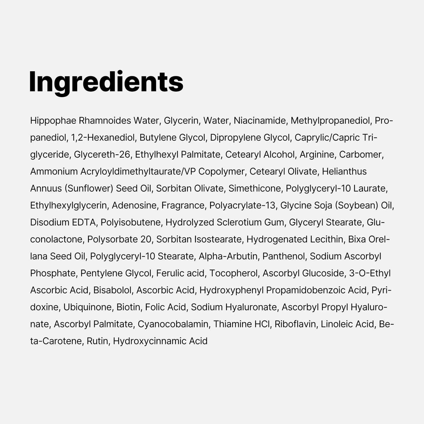 Ingredients list for medicube Deep Vitamin C Capsule Cream 55g including Hippophae Rhamnoides Water, Glycerin, Niacinamide, Arginine, Sunflower Seed Oil, Sodium Hyaluronate, Alpha-Arbutin, Panthenol, Ascorbyl Glucoside, Tocopherol, Ferulic Acid, and various botanical extracts and vitamins.